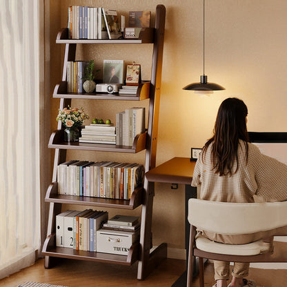Modern Minimalist Rectangular Solid Pine Rounded Corner Ladder Storage Shelf With 5-Tier Large Capacity Wall Leaning Bookcase For Home Office