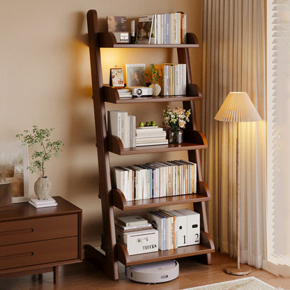 Modern Minimalist Rectangular Solid Pine Rounded Corner Ladder Storage Shelf With 5-Tier Large Capacity Wall Leaning Bookcase For Home Office