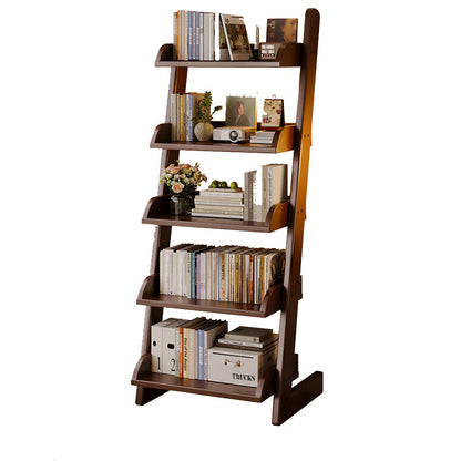 Modern Minimalist Rectangular Solid Pine Rounded Corner Ladder Storage Shelf With 5-Tier Large Capacity Wall Leaning Bookcase For Home Office