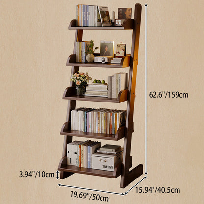 Modern Minimalist Rectangular Solid Pine Rounded Corner Ladder Storage Shelf With 5-Tier Large Capacity Wall Leaning Bookcase For Home Office