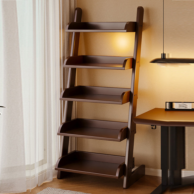 Modern Minimalist Rectangular Solid Pine Rounded Corner Ladder Storage Shelf With 5-Tier Large Capacity Wall Leaning Bookcase For Home Office
