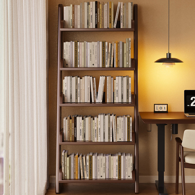Modern Minimalist Rectangular Solid Pine Rounded Corner Ladder Storage Shelf With 5-Tier Large Capacity Wall Leaning Bookcase For Home Office