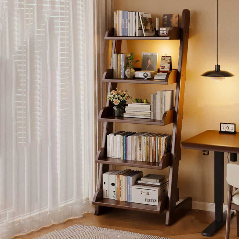 Modern Minimalist Rectangular Solid Pine Rounded Corner Ladder Storage Shelf With 5-Tier Large Capacity Wall Leaning Bookcase For Home Office