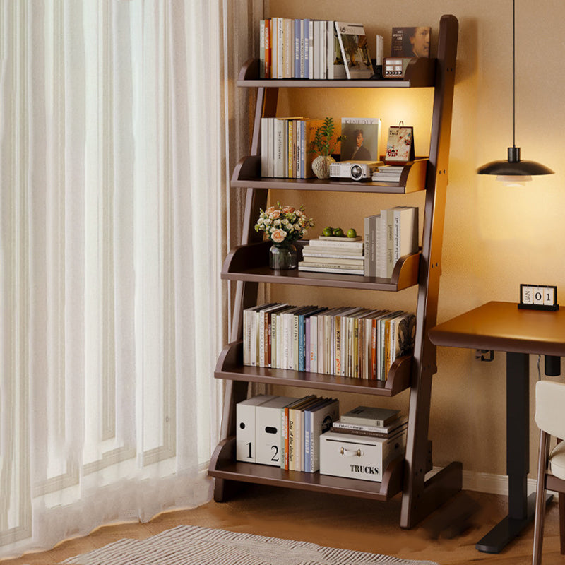Modern Minimalist Rectangular Solid Pine Rounded Corner Ladder Storage Shelf With 5-Tier Large Capacity Wall Leaning Bookcase For Home Office