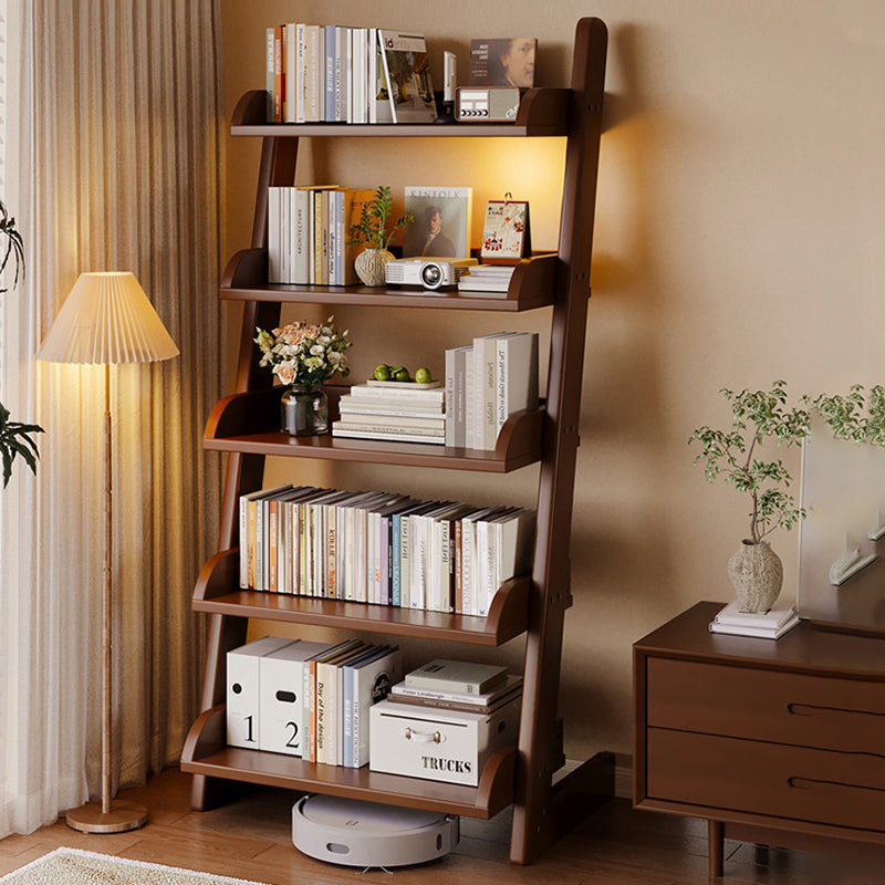 Modern Minimalist Rectangular Solid Pine Rounded Corner Ladder Storage Shelf With 5-Tier Large Capacity Wall Leaning Bookcase For Home Office
