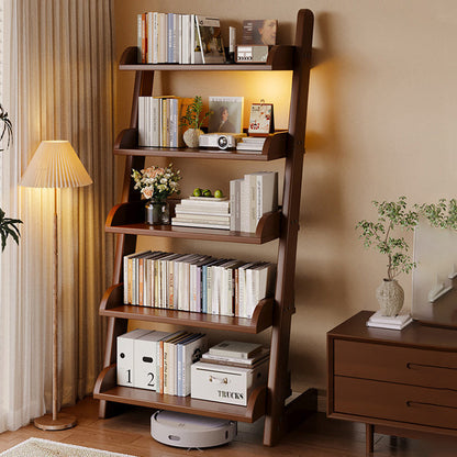 Modern Minimalist Rectangular Solid Pine Rounded Corner Ladder Storage Shelf With 5-Tier Large Capacity Wall Leaning Bookcase For Home Office