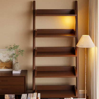 Modern Minimalist Rectangular Solid Pine Rounded Corner Ladder Storage Shelf With 5-Tier Large Capacity Wall Leaning Bookcase For Home Office