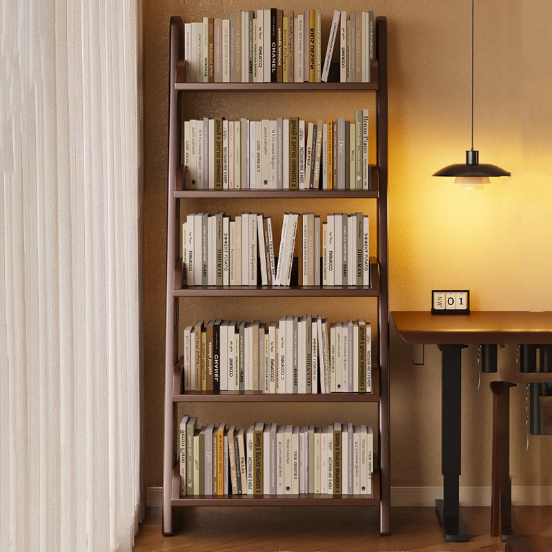 Modern Minimalist Rectangular Solid Pine Rounded Corner Ladder Storage Shelf With 5-Tier Large Capacity Wall Leaning Bookcase For Home Office