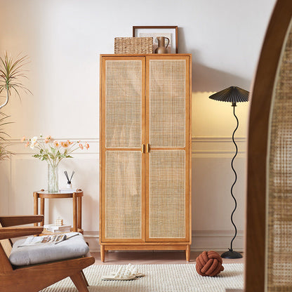 Traditional Japanese Natural Rattan Weaving Ash Wood & Plywood Rectangular Wardrobe With 5-Tier Storage & Hanging Rod For Bedroom