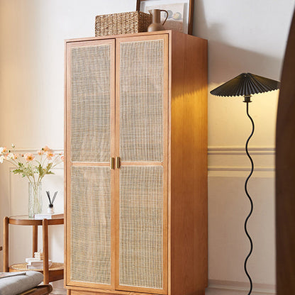 Traditional Japanese Natural Rattan Weaving Ash Wood & Plywood Rectangular Wardrobe With 5-Tier Storage & Hanging Rod For Bedroom