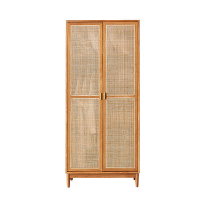 Traditional Japanese Natural Rattan Weaving Ash Wood & Plywood Rectangular Wardrobe With 5-Tier Storage & Hanging Rod For Bedroom