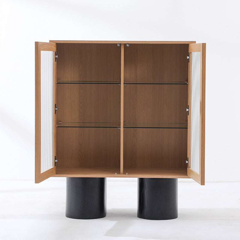 Contemporary Nordic Oak Veneer MDF Tempered Glass Rectangular Storage Cabinet With 4-Tier For Living Room
