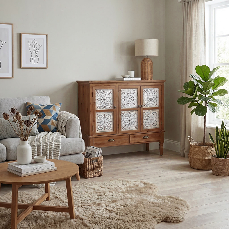 Traditional French Iron Solid Wood & MDF Rectangular Patterned Storage Cabinet With 2/3-Tier For Living Room