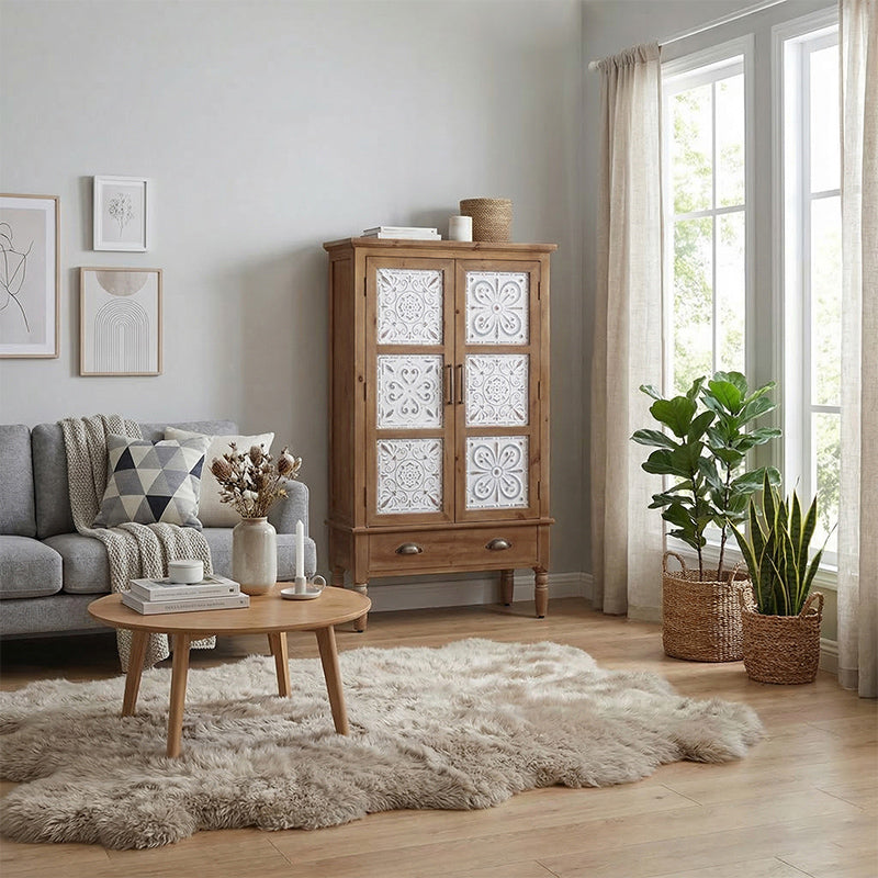 Traditional French Iron Solid Wood & MDF Rectangular Patterned Storage Cabinet With 2/3-Tier For Living Room