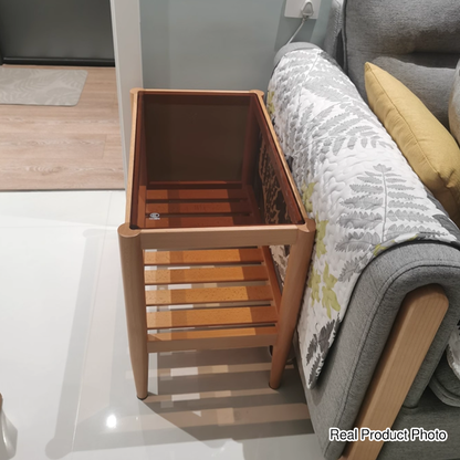 Modern Minimalist Solid Wood Glass Rectangular Side Table With 2-Tier Storage Space-saving For Living Room & Bedroom