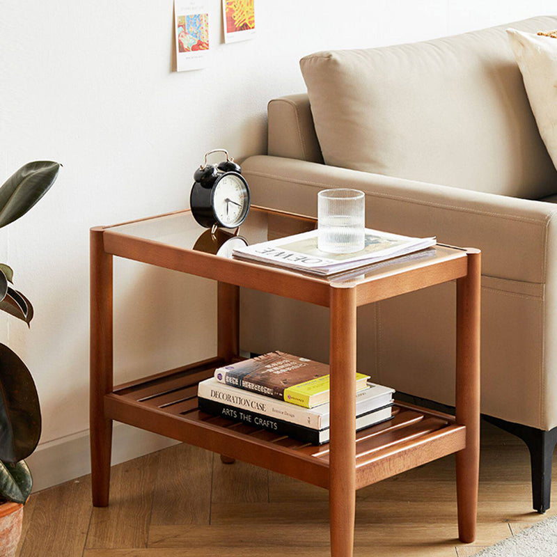 Modern Minimalist Solid Wood Glass Rectangular Side Table With 2-Tier Storage Space-saving For Living Room & Bedroom