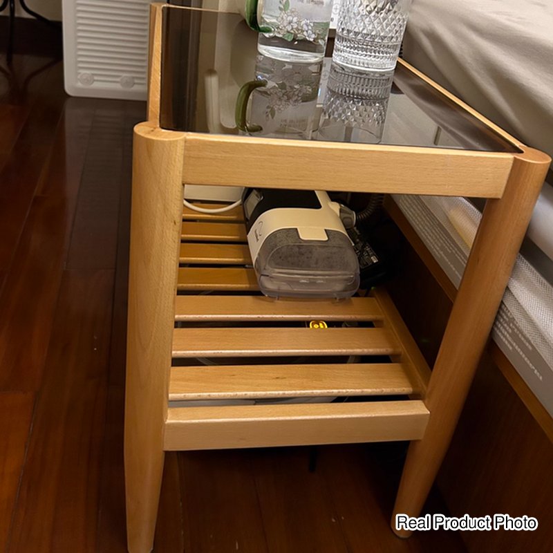 Modern Minimalist Solid Wood Glass Rectangular Side Table With 2-Tier Storage Space-saving For Living Room & Bedroom