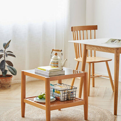 Modern Minimalist Solid Wood Glass Rectangular Side Table With 2-Tier Storage Space-saving For Living Room & Bedroom