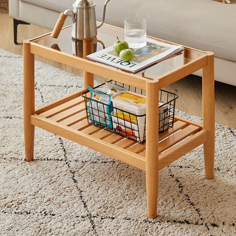 Modern Minimalist Solid Wood Glass Rectangular Side Table With 2-Tier Storage Space-saving For Living Room & Bedroom