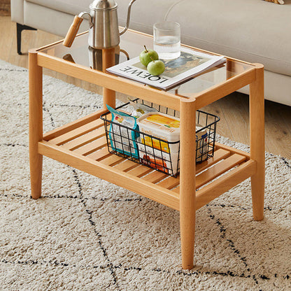 Modern Minimalist Solid Wood Glass Rectangular Side Table With 2-Tier Storage Space-saving For Living Room & Bedroom
