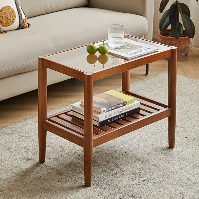 Modern Minimalist Solid Wood Glass Rectangular Side Table With 2-Tier Storage Space-saving For Living Room & Bedroom