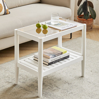 Modern Minimalist Solid Wood Glass Rectangular Side Table With 2-Tier Storage Space-saving For Living Room & Bedroom