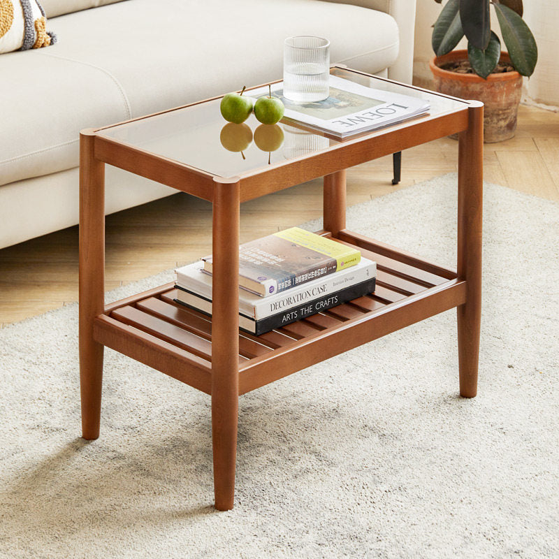 Modern Minimalist Solid Wood Glass Rectangular Side Table With 2-Tier Storage Space-saving For Living Room & Bedroom