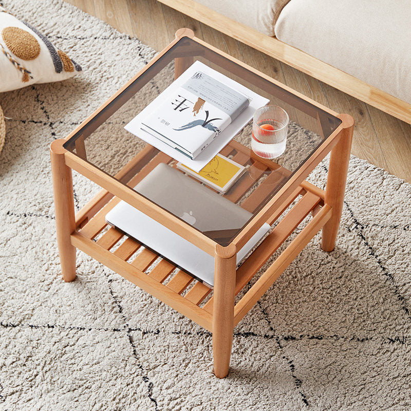 Modern Minimalist Solid Wood Glass Rectangular Side Table With 2-Tier Storage Space-saving For Living Room & Bedroom