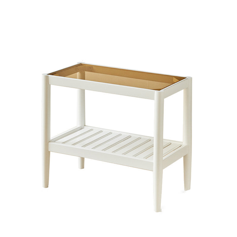 Modern Minimalist Solid Wood Glass Rectangular Side Table With 2-Tier Storage Space-saving For Living Room & Bedroom
