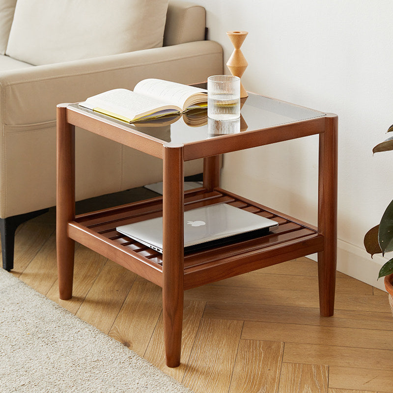 Modern Minimalist Solid Wood Glass Rectangular Side Table With 2-Tier Storage Space-saving For Living Room & Bedroom