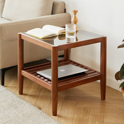 Modern Minimalist Solid Wood Glass Rectangular Side Table With 2-Tier Storage Space-saving For Living Room & Bedroom