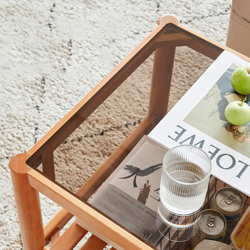 Modern Minimalist Solid Wood Glass Rectangular Side Table With 2-Tier Storage Space-saving For Living Room & Bedroom