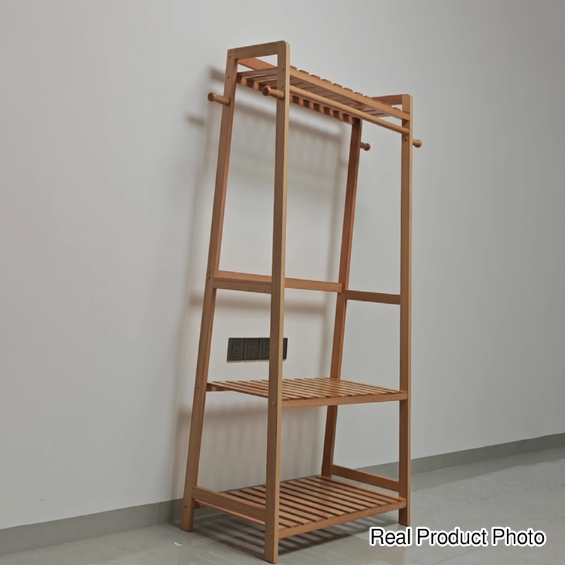 Modern Minimalist Solid Wood Rectangular Coat Rack Hall Tree With 3-Tier Clothes Organizer For Bedroom