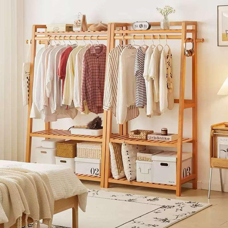 Modern Minimalist Solid Wood Rectangular Coat Rack Hall Tree With 3-Tier Clothes Organizer For Bedroom