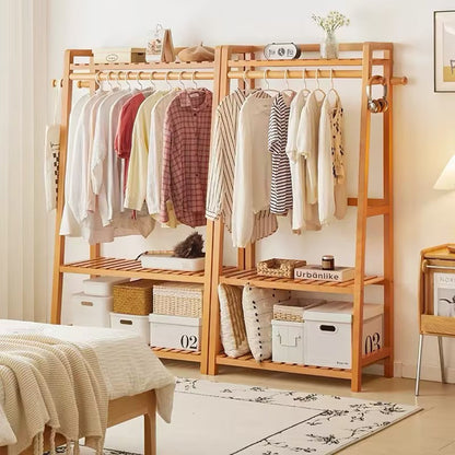 Modern Minimalist Solid Wood Rectangular Coat Rack Hall Tree With 3-Tier Clothes Organizer For Bedroom