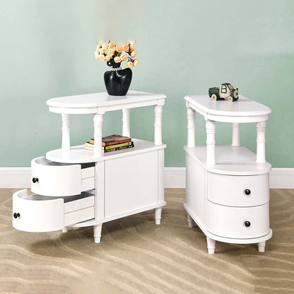 Traditional Vintage Rubberwood & Plywood Rounded-Edge Side Table Storage Rack 2 Drawers For Living Room