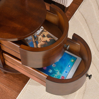 Traditional Vintage Rubberwood & Plywood Rounded-Edge Side Table Storage Rack 2 Drawers For Living Room