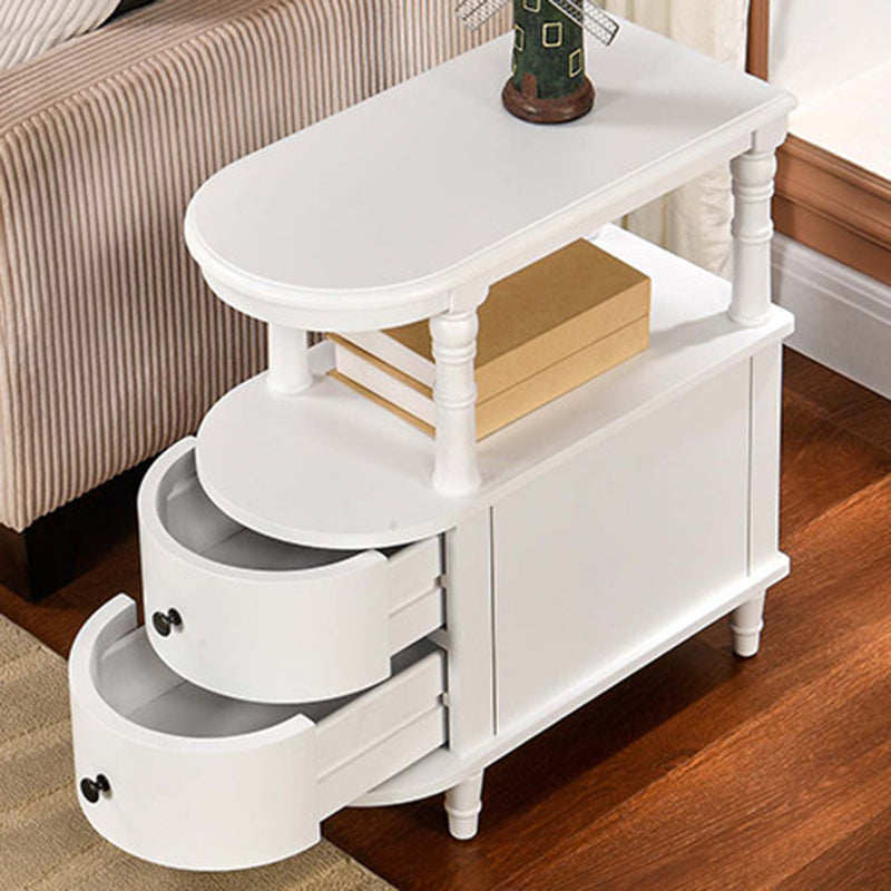 Traditional Vintage Rubberwood & Plywood Rounded-Edge Side Table Storage Rack 2 Drawers For Living Room