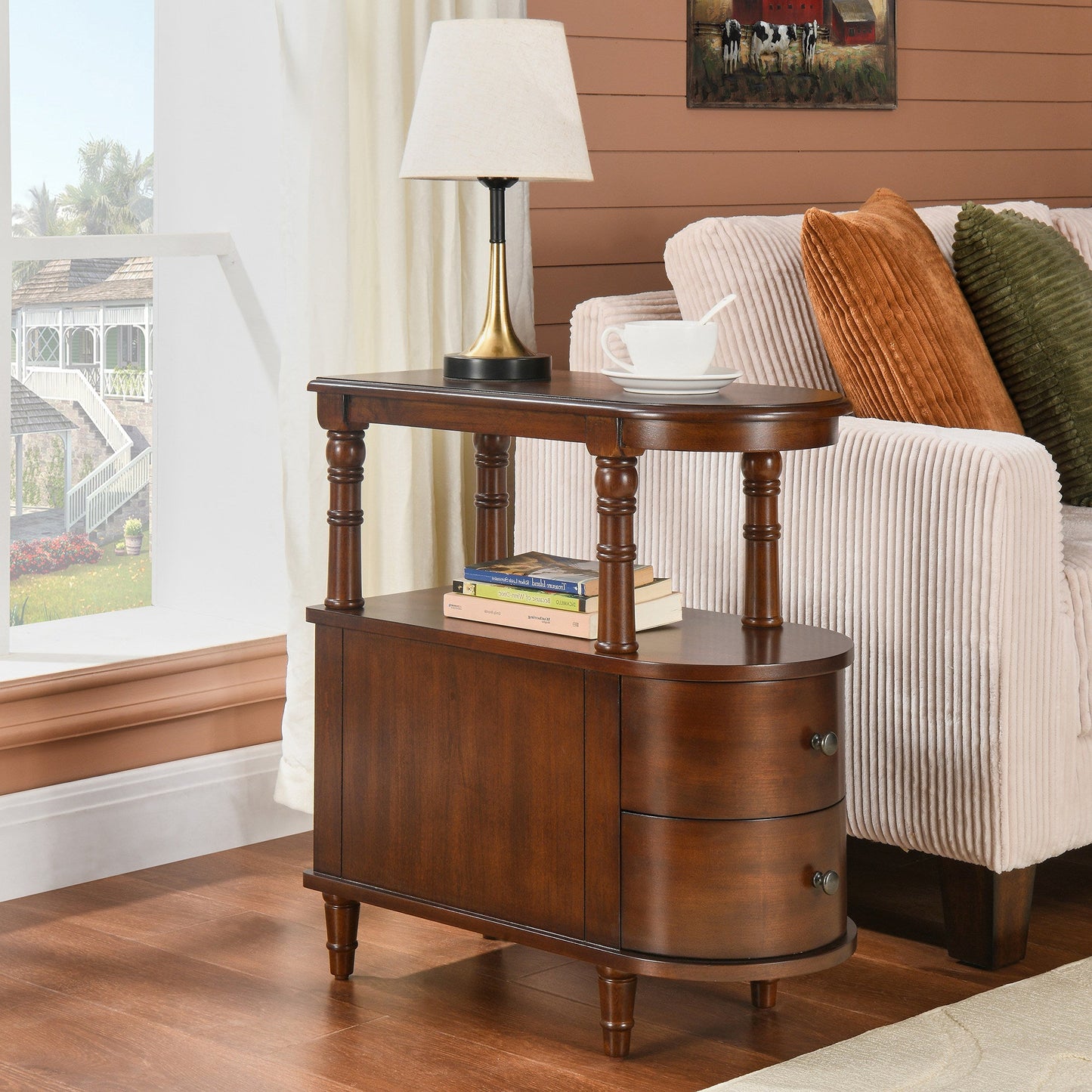 Traditional Vintage Rubberwood & Plywood Rounded-Edge Side Table Storage Rack 2 Drawers For Living Room