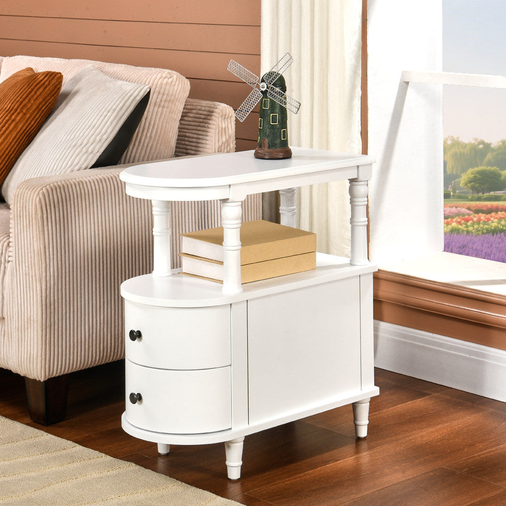 Traditional Vintage Rubberwood & Plywood Rounded-Edge Side Table Storage Rack 2 Drawers For Living Room