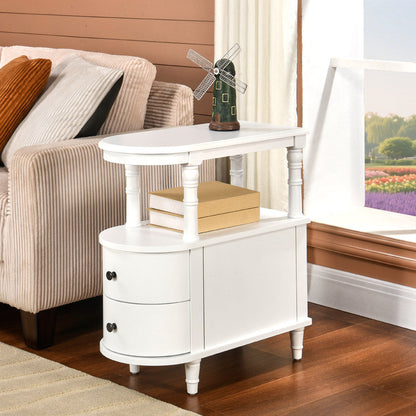 Traditional Vintage Rubberwood & Plywood Rounded-Edge Side Table Storage Rack 2 Drawers For Living Room