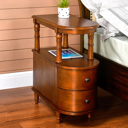Traditional Vintage Rubberwood & Plywood Rounded-Edge Side Table Storage Rack 2 Drawers For Living Room