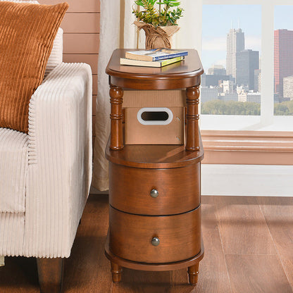 Traditional Vintage Rubberwood & Plywood Rounded-Edge Side Table Storage Rack 2 Drawers For Living Room