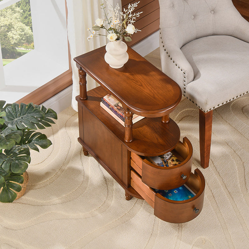 Traditional Vintage Rubberwood & Plywood Rounded-Edge Side Table Storage Rack 2 Drawers For Living Room