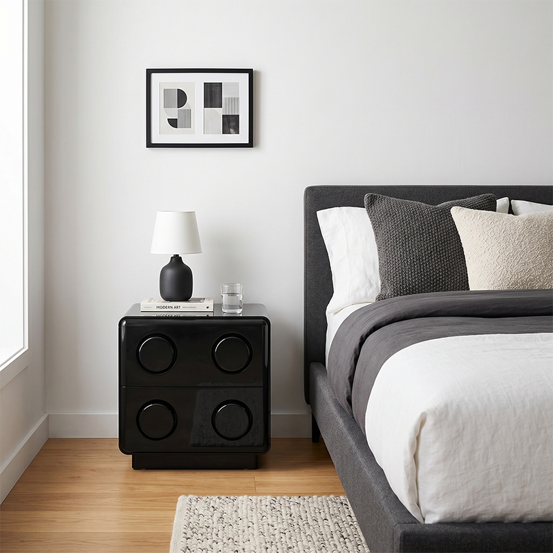 Contemporary Creative MDF Nightstand - Block-Inspired 2-Drawer Bedside Storage Cabinet With Rounded Edges & Built-in Knob Handles For Bedroom