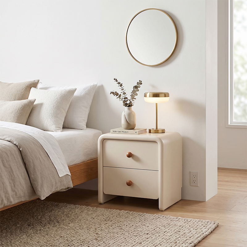 Modern Minimalist MDF Cream Nightstand - 2 Drawers Bedside Table With Rounded Corners & Open Base Storage Cabinet For Bedroom