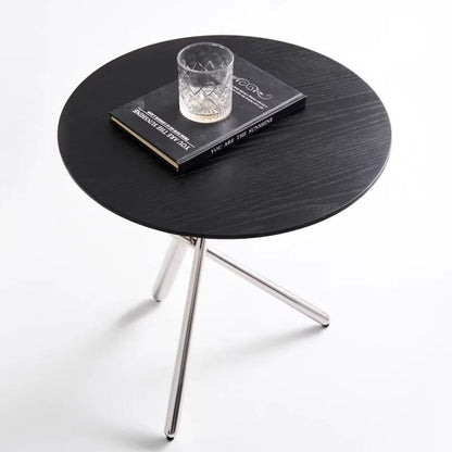 Contemporary Nordic Solid Wood & Stainless Steel Round Side Table For Living Room