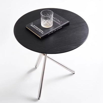 Contemporary Nordic Solid Wood & Stainless Steel Round Side Table For Living Room