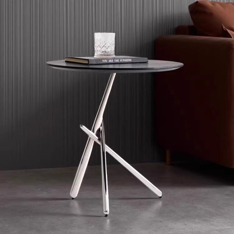 Contemporary Nordic Solid Wood & Stainless Steel Round Side Table For Living Room