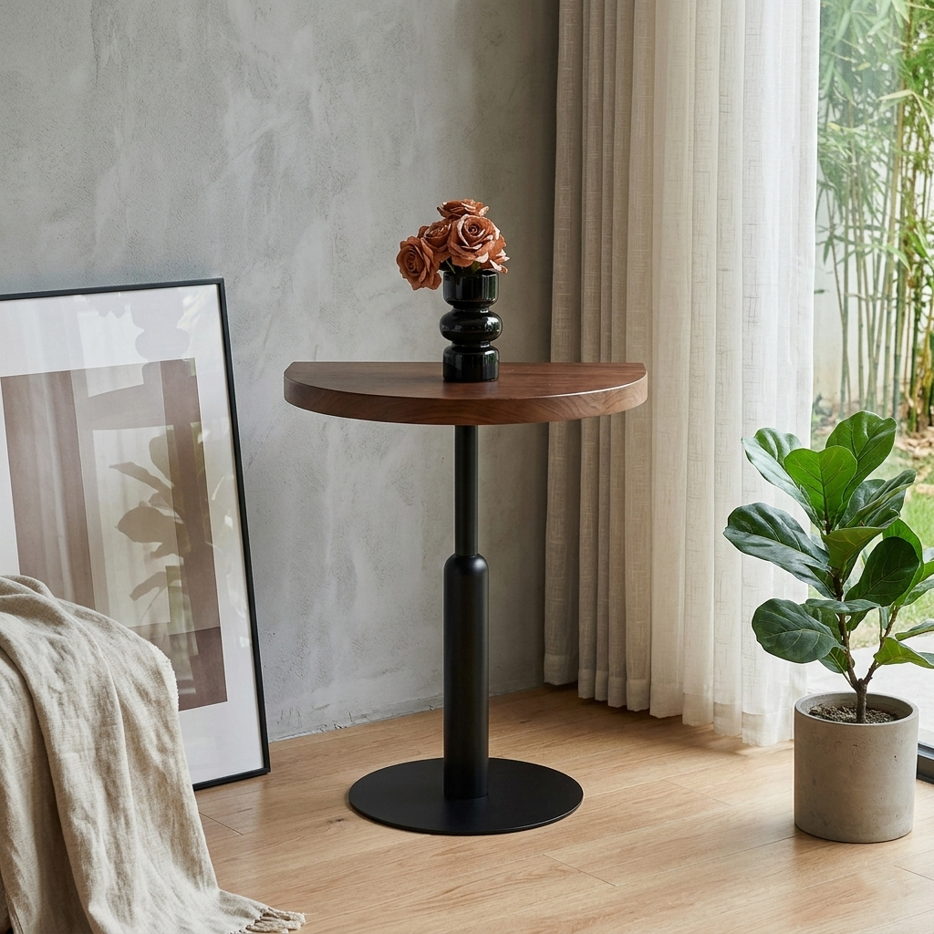 Traditional Vintage Solid Wood Semi-Circle Coffee Table With Metal Base For Living Room Wall Placement